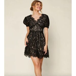 Skies Are Blue Black Lace Dress Sz Medium Dark Romantic Puff sleeve Midi
